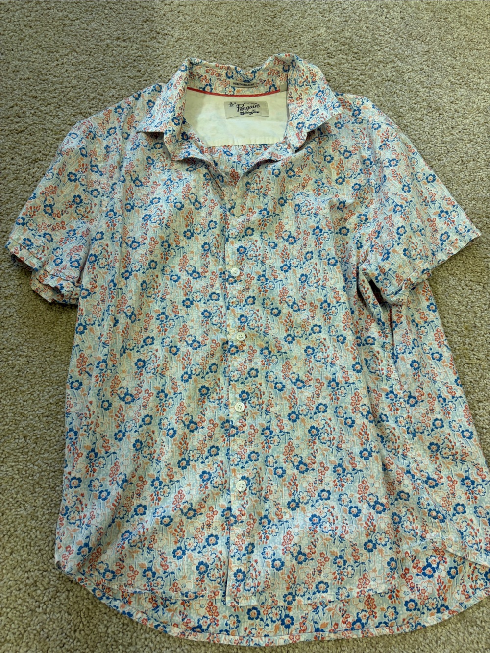 Men's Floral Button-Up Shirt in Blue and Coral
